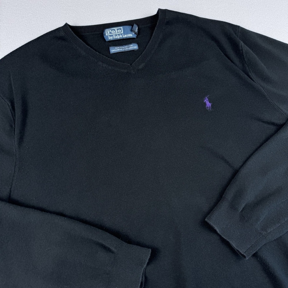 Vintage Polo Ralph Lauren Pima Cotton Sweater Men‎ XXL Black V-Neck Pullover